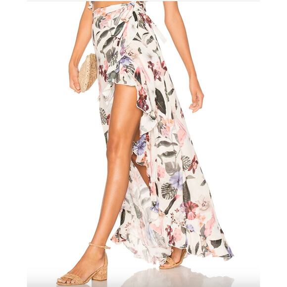 Lovers + Friends Beige S Wrap Midi Skirt Floral Satin Asymmetric Ruffle Trim NEW - Picture 1 of 9